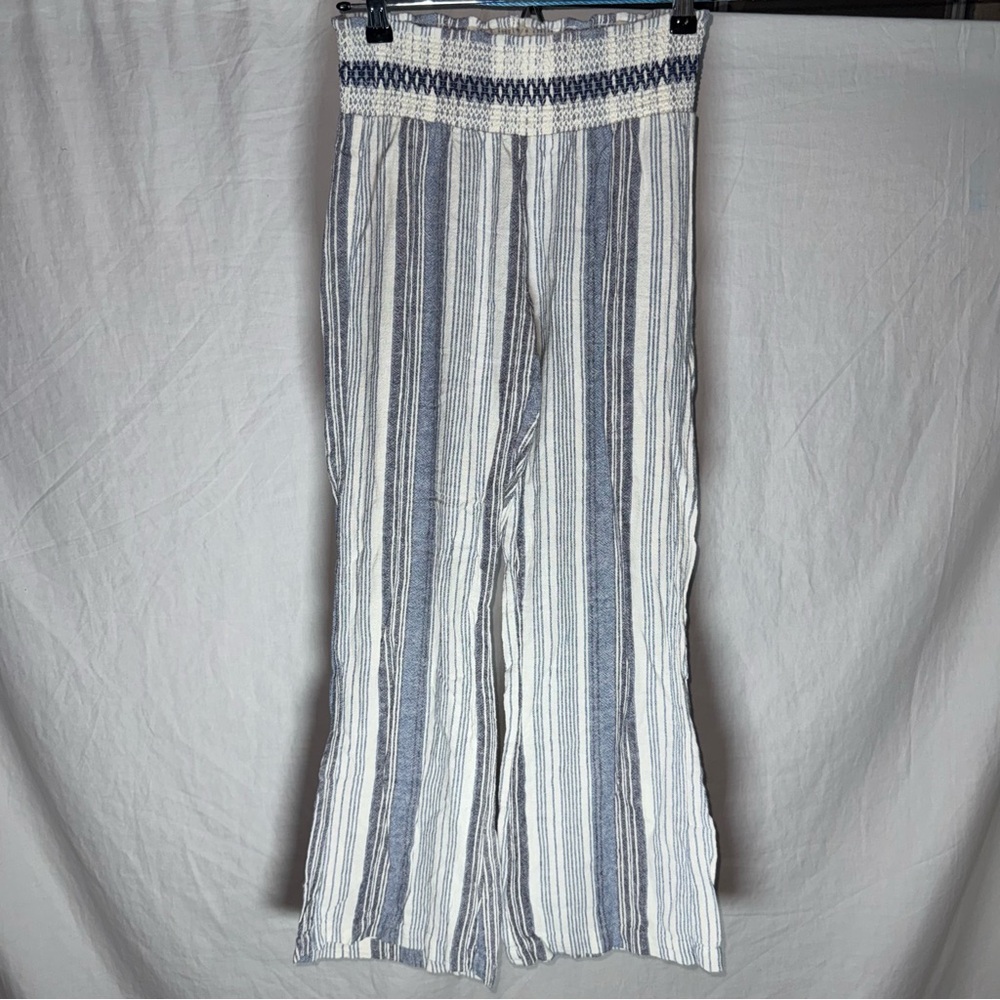 Linen Blend Striped Wide Leg Blue White Smocked Pants Indigo Rein Womens Size M - Picture 1 of 7